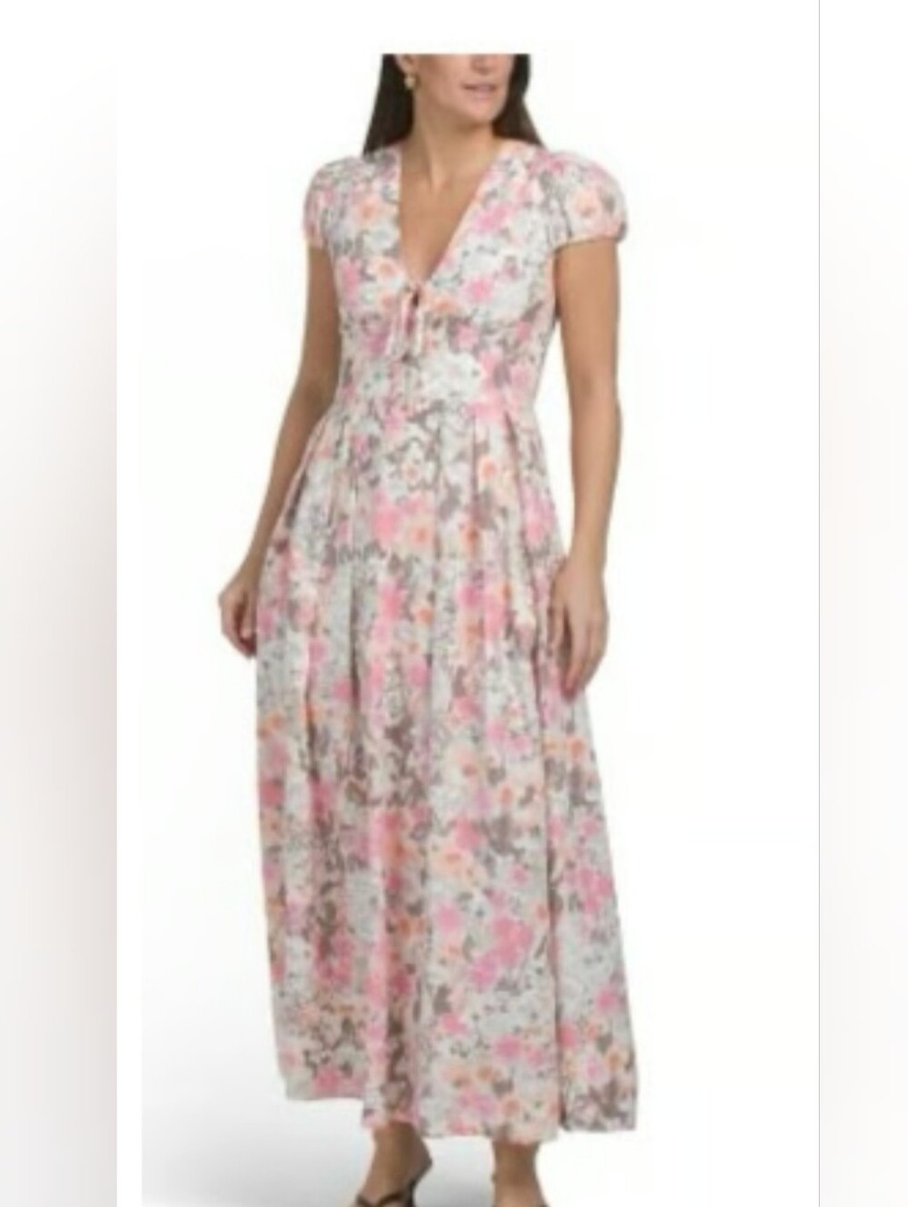 New!Ave Les Linen Blend Fit & Flare Floral Tie-Front Maxi Pleated Dress Cottage